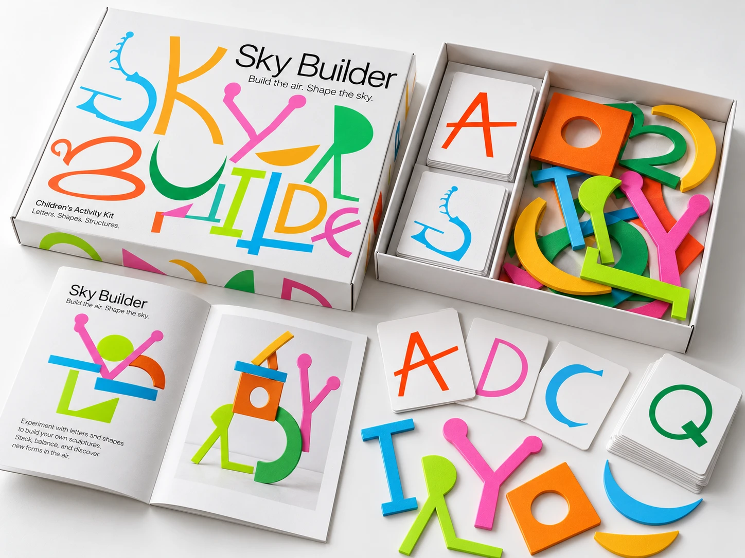 Sky Builder children's activity kit: box, letter cards, foam letter pieces and an open guidebook