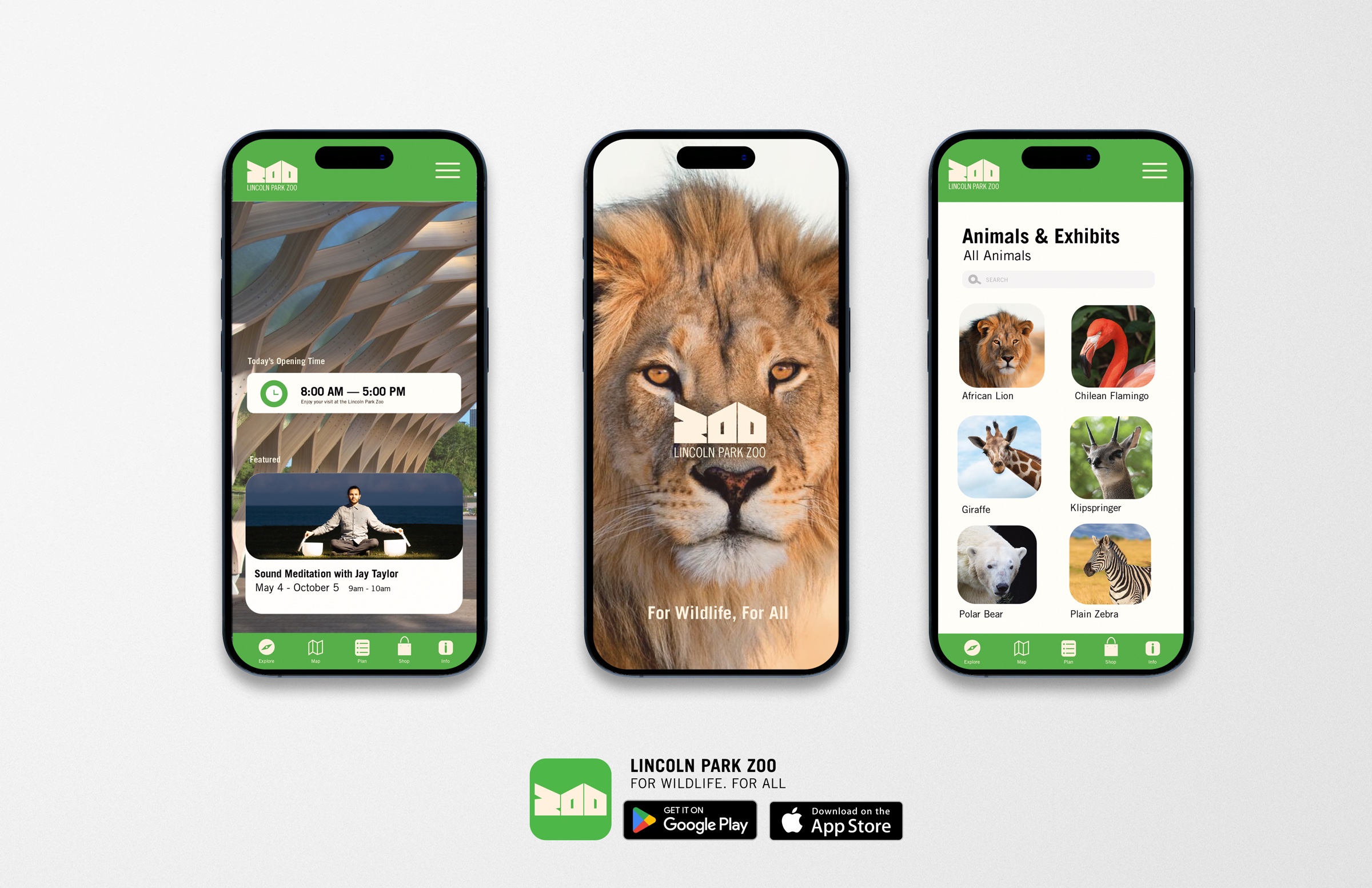 Lincoln Park Zoo app on three phones: visit info, a lion welcome screen and the animals and exhibits list