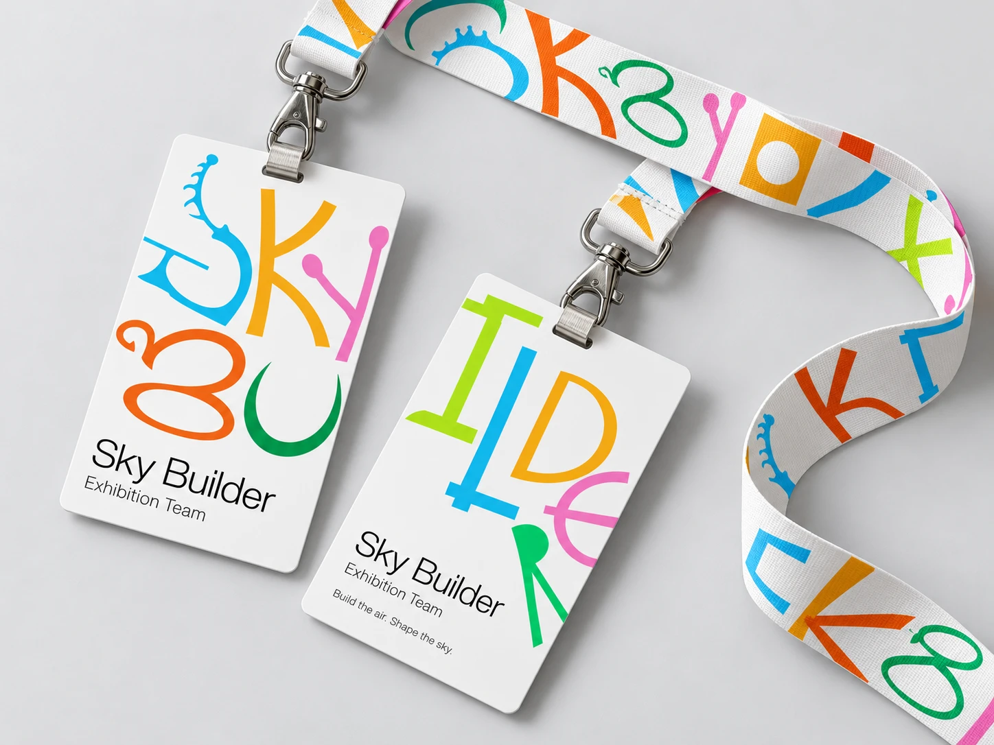 Sky Builder exhibition team badges on a lanyard printed with the colorful custom letters
