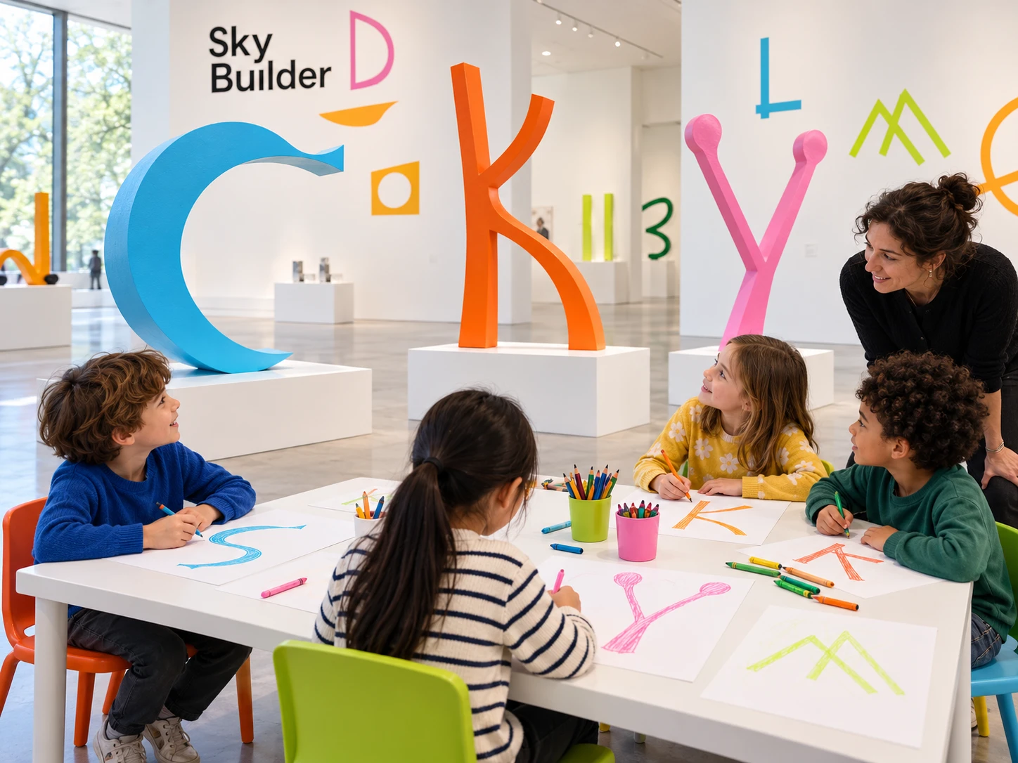 Children drawing the custom letters at a table in the gallery, surrounded by large letter sculptures