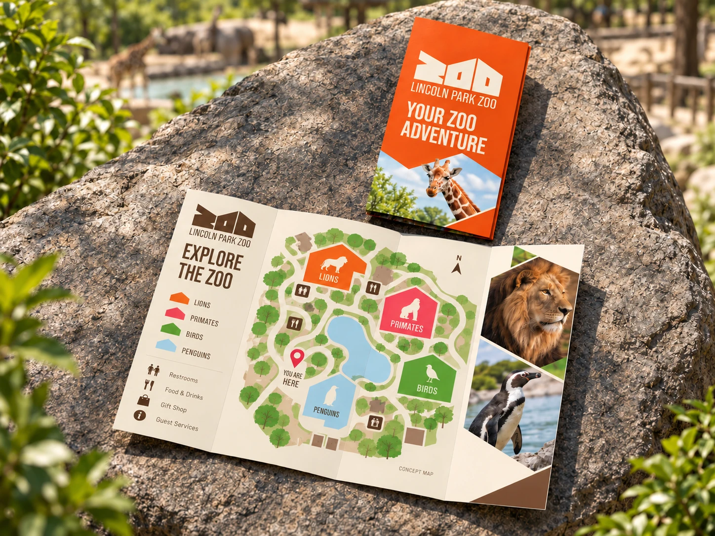 Lincoln Park Zoo map brochure, Explore the Zoo, with color-coded exhibit houses