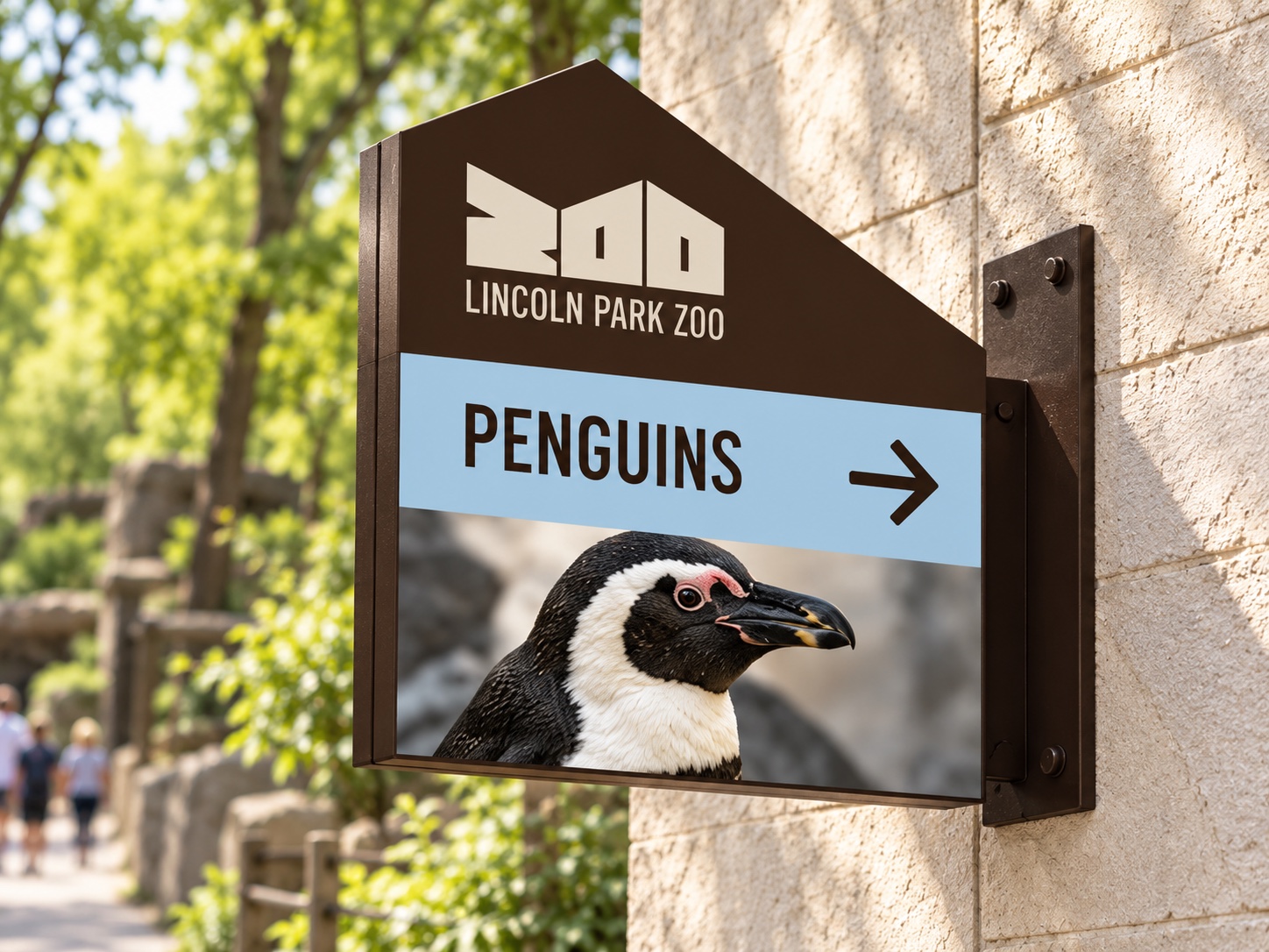 House-shaped blade sign pointing to the Penguins exhibit