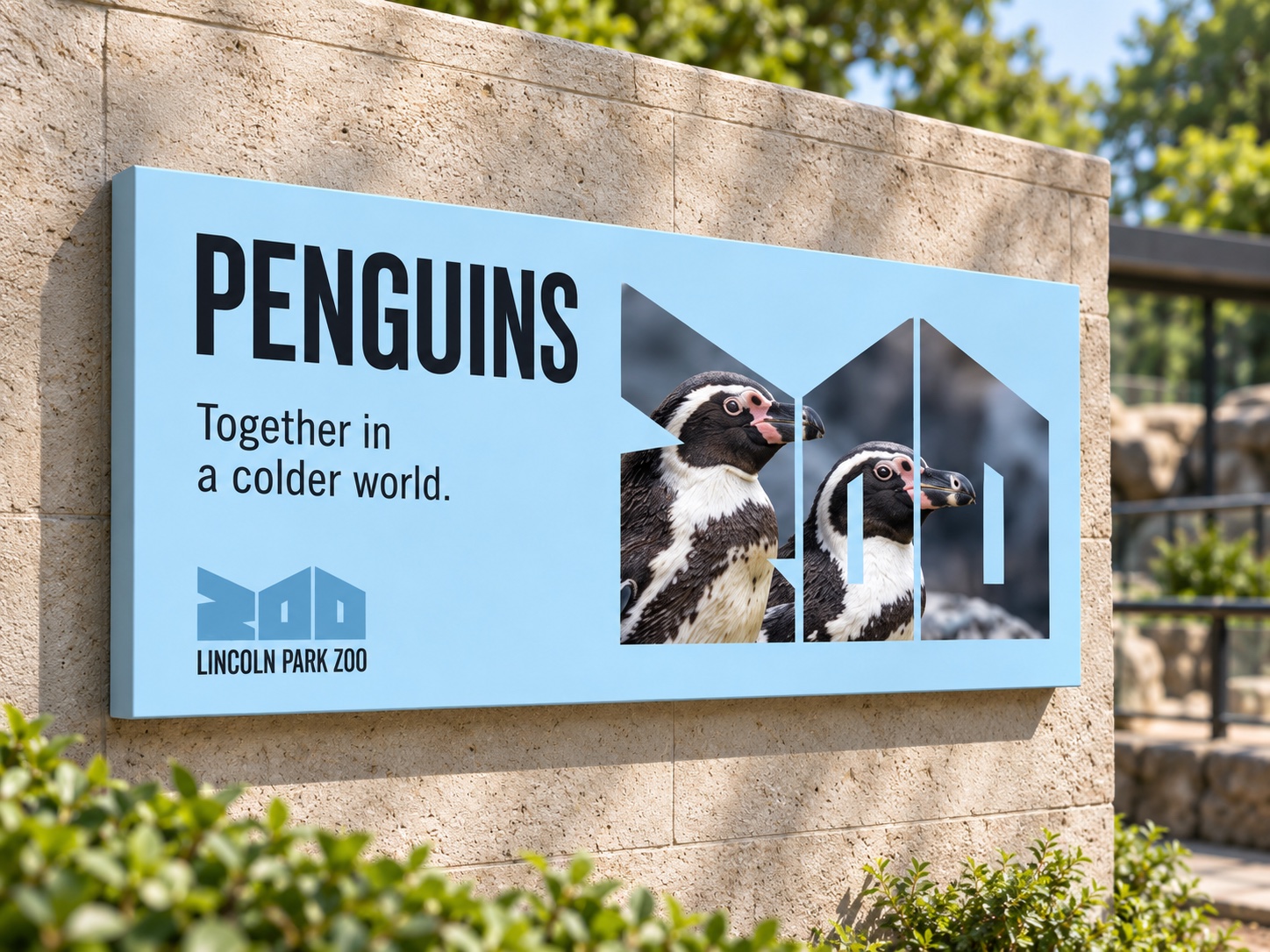 Light blue Penguins exhibit sign, Together in a colder world., with penguins inside the ZOO shape
