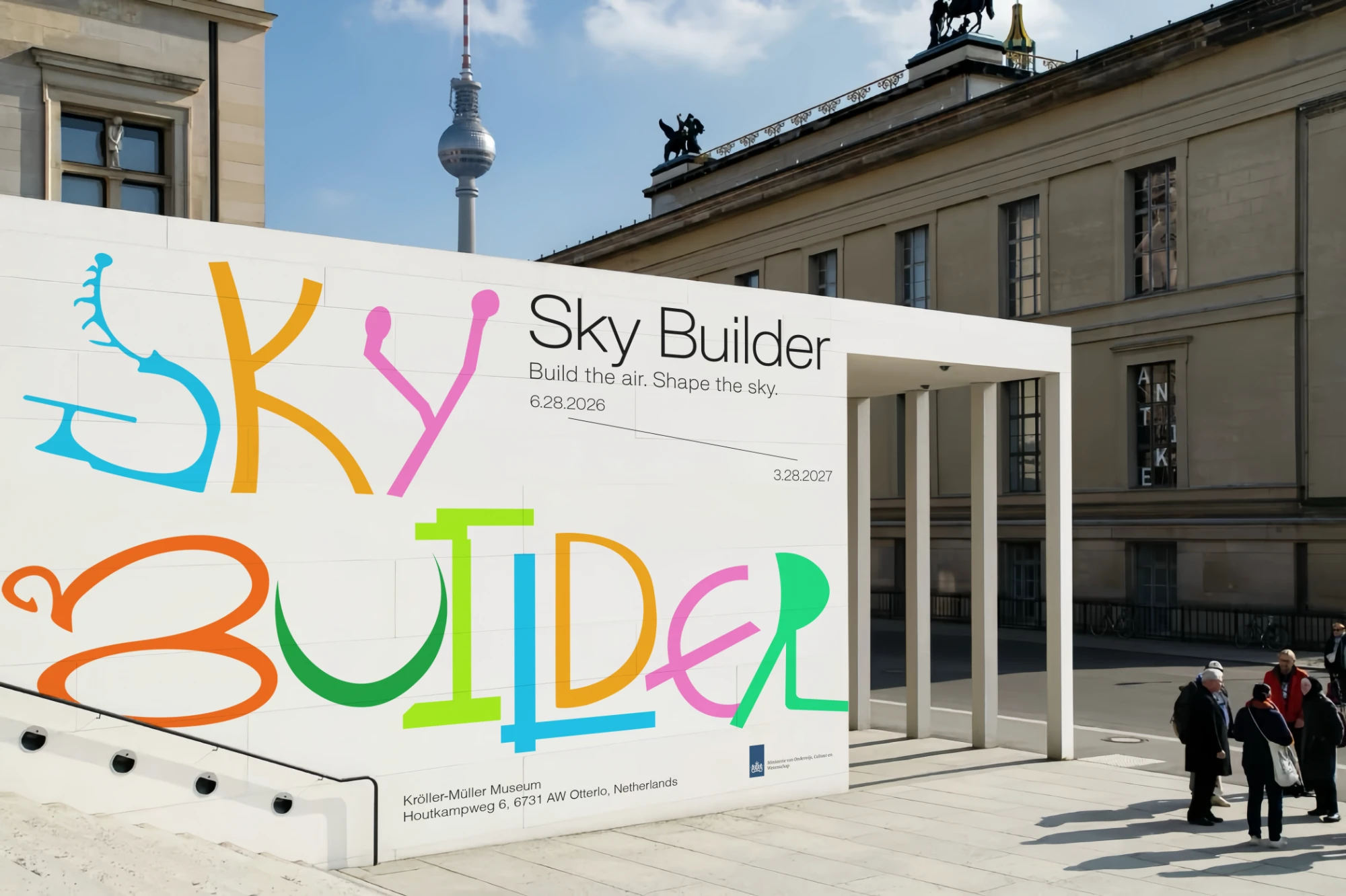 Sky Builder exhibition graphics on a white museum wall, with large multicolored sculptural letters spelling Sky Builder