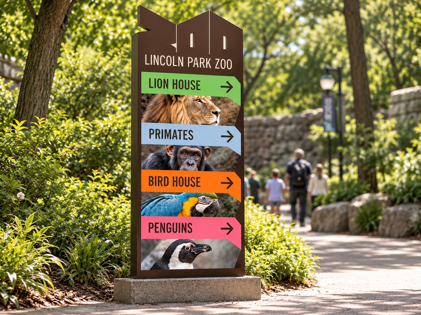 Brown ZOO wayfinding totem with arrows to the Lion House, Primates, Bird House and Penguins
