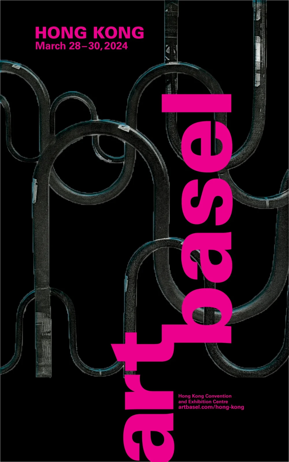 Art Basel Hong Kong poster with pink vertical type over black looping steel forms