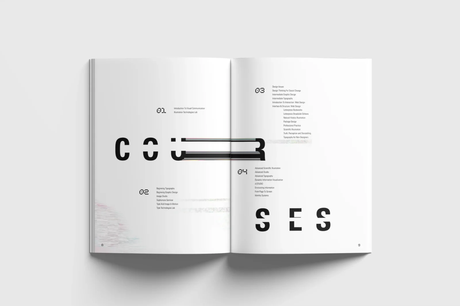Open book spread with glitched COURSES type and course lists