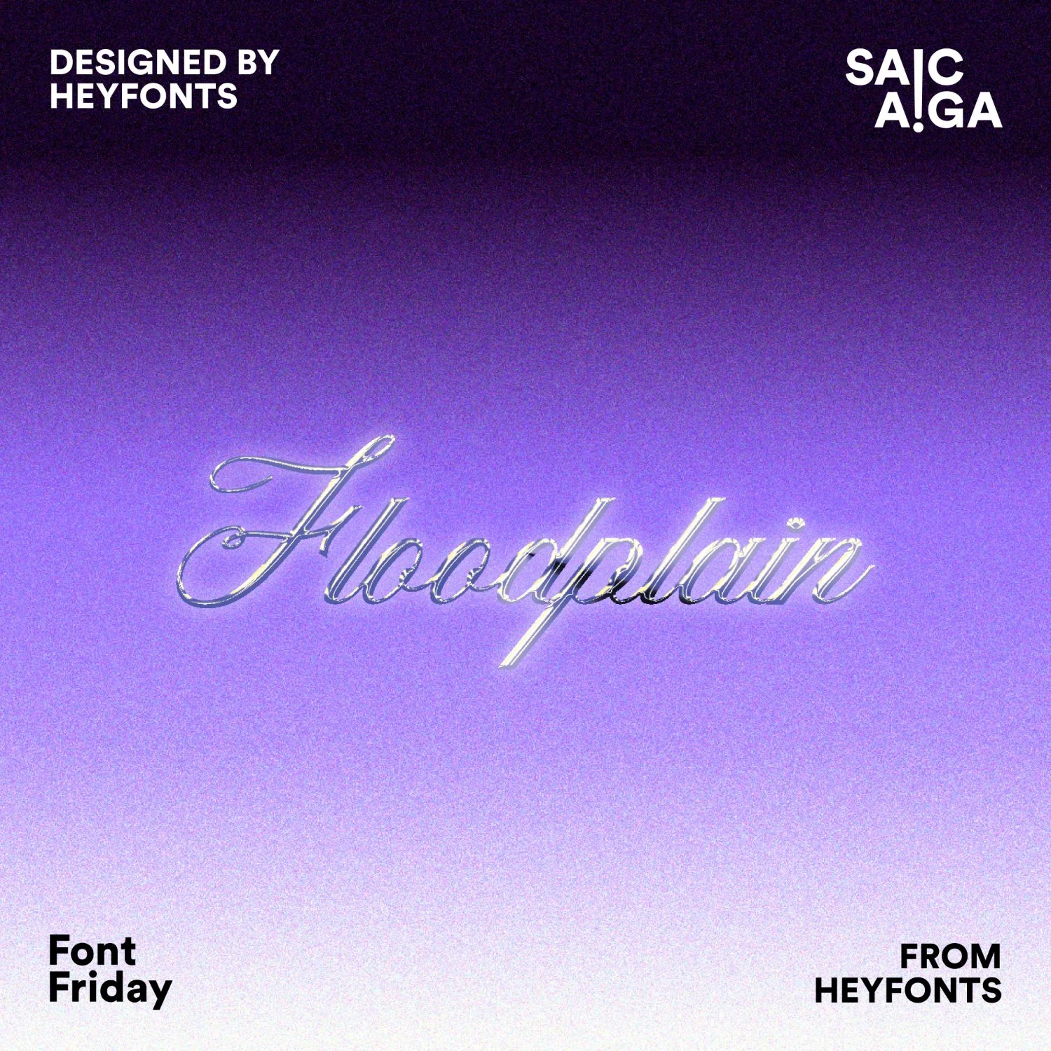 Font Friday post for Floodplain, chrome script on a purple gradient