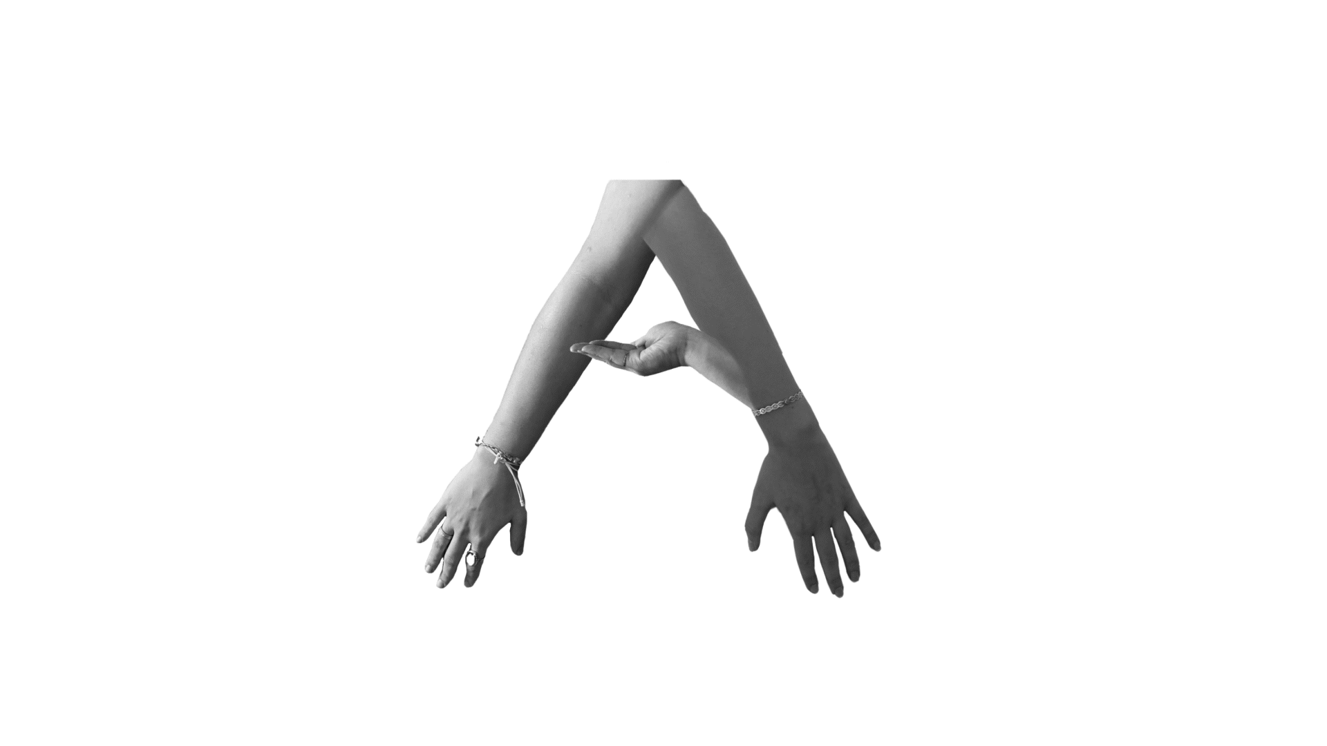 Animated letter A formed by two arms and a hand, black and white