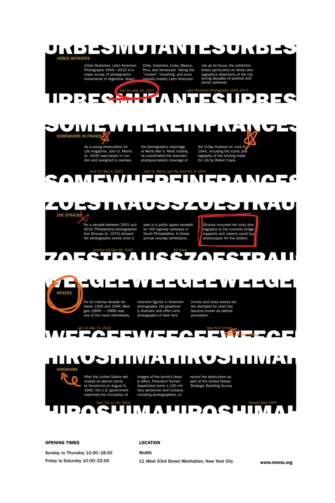 MoMA photography exhibitions poster with repeating headline type and hand-drawn marks