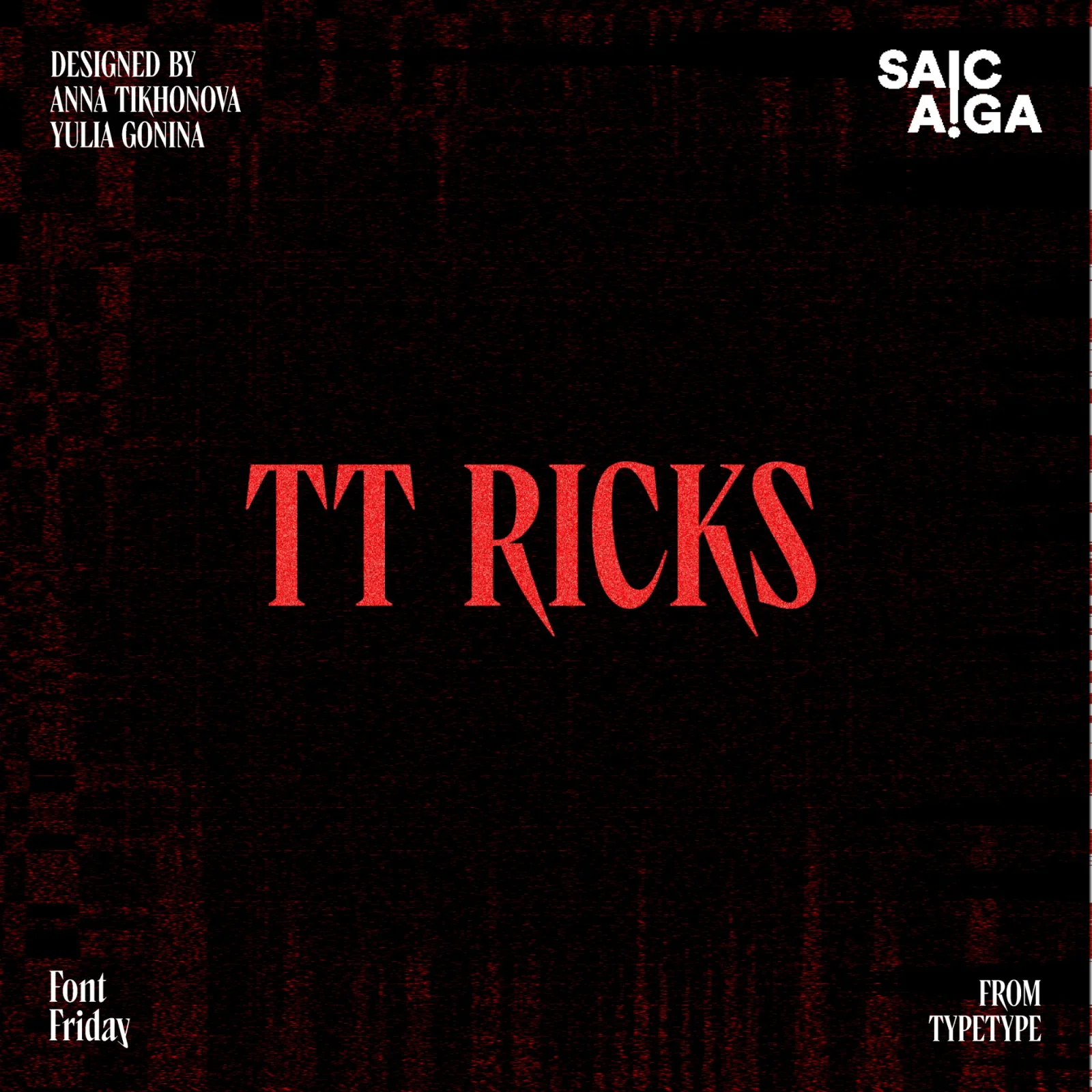 Font Friday post for TT Ricks, red type on a glitchy dark background