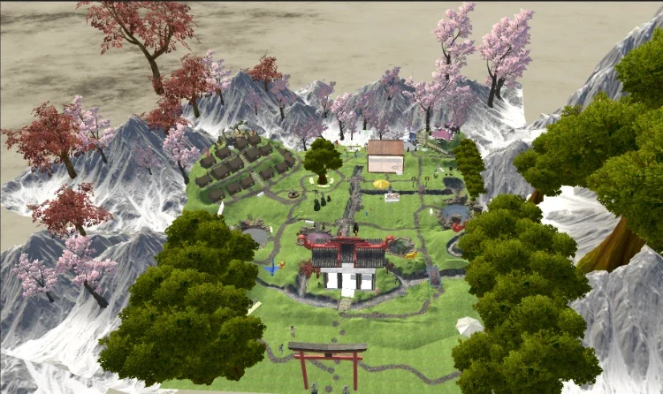 A 3D garden world with cherry trees and a torii gate, built in Unity