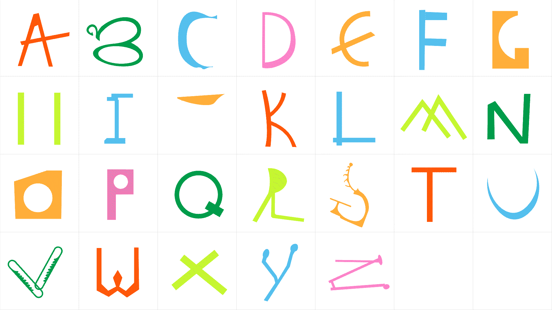 Animated grid of the custom alphabet, each colorful letter drawn from sculptural shapes