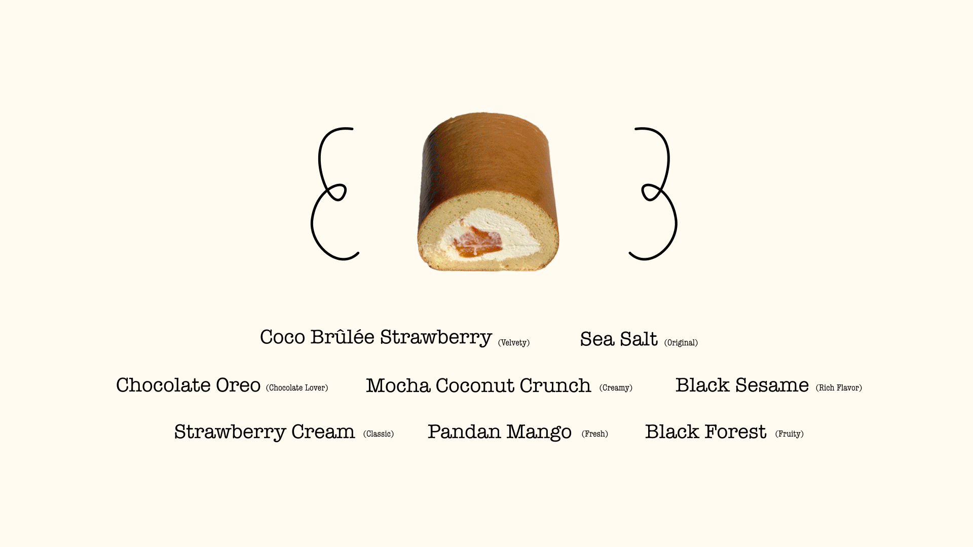 Animated cake roll menu listing Rolli's flavors