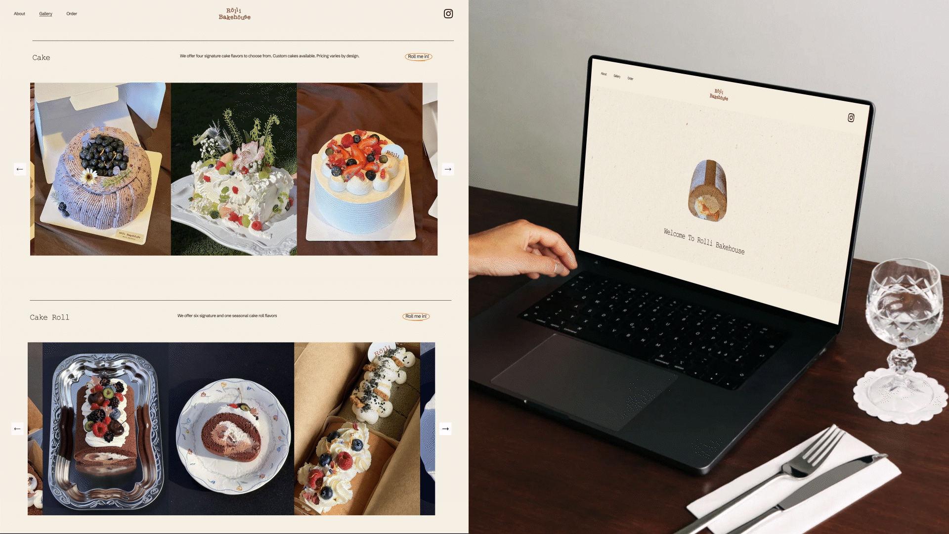 Animated Rolli Bakehouse website shown on a laptop and as page layouts